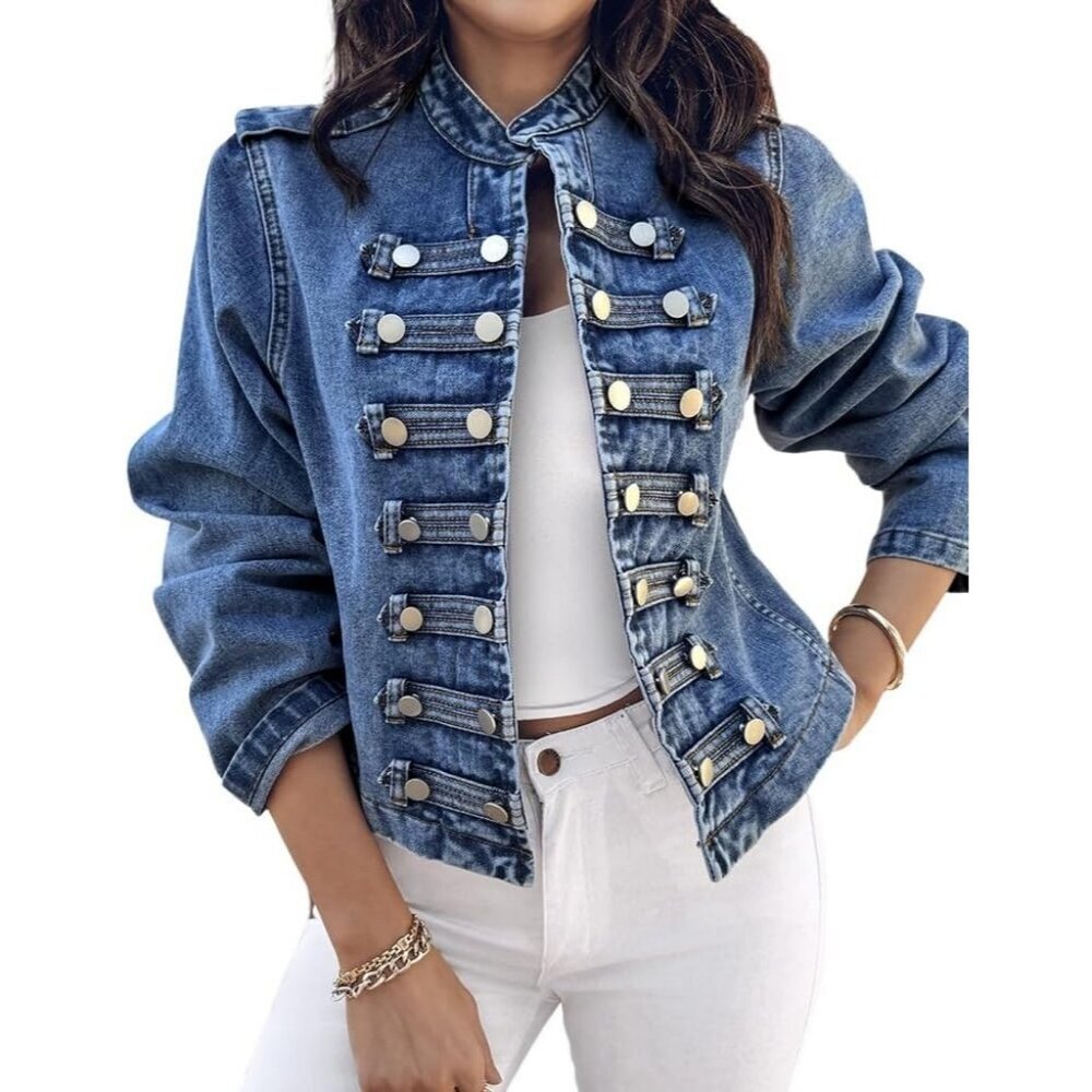 Denim Jacket Women Button Up Stand Collar Jeans Jacket Casual Long Sleeve Blue